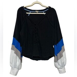 Free People Winter Sun Color Block Henley Top Blue White Black Women’s Small